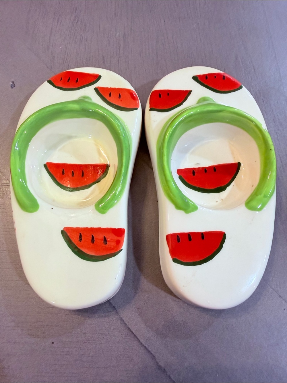 Small Porcelain Watermelon Painted Flip Flops candle holders or trinket dishes
